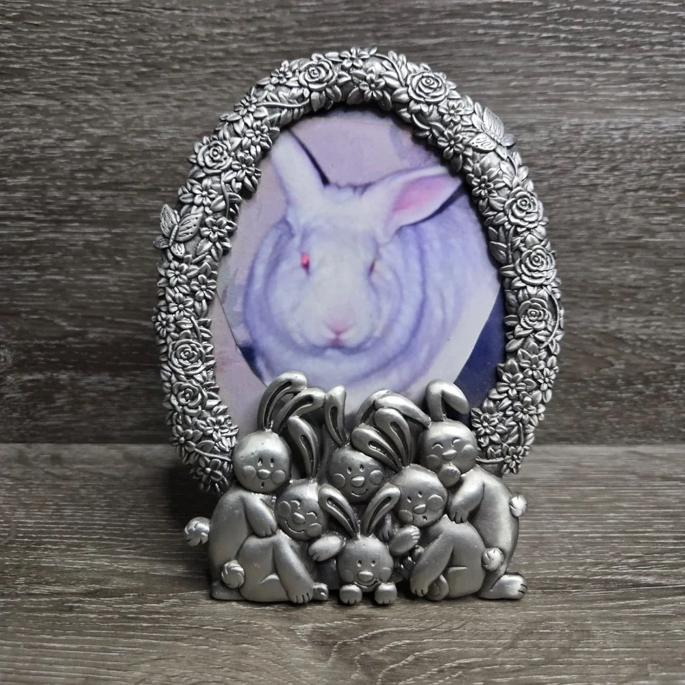 Vintage Pewter Tone Oval Picture Frame W/ Bunny Floral Nursery Design Pet Frame